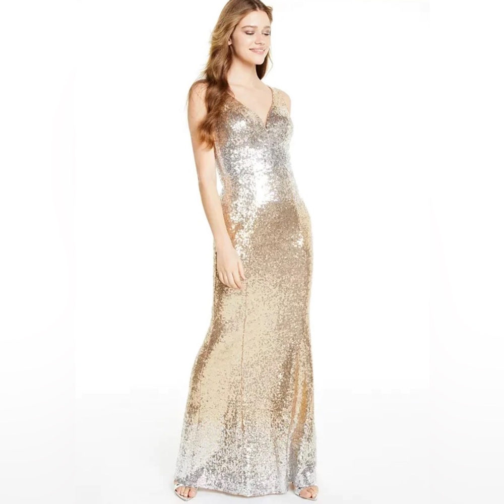 NWT. Prom Dress- Crystal Doll Stunning Gold Ombré Sequin V-Neck Gown Size 1